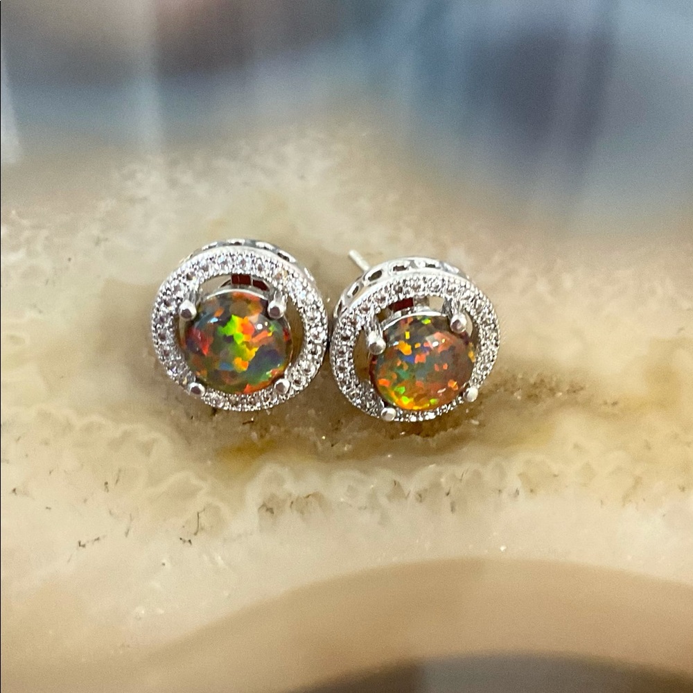 Halo fire opal stud earrings black opal round pave cz studs October Birthstone